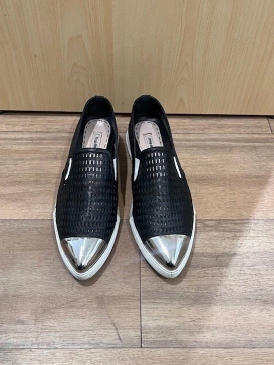 Miu Miu Shoes - Miu Miu Black Perforated Slip-On Sneakers with Silver Cap Toe